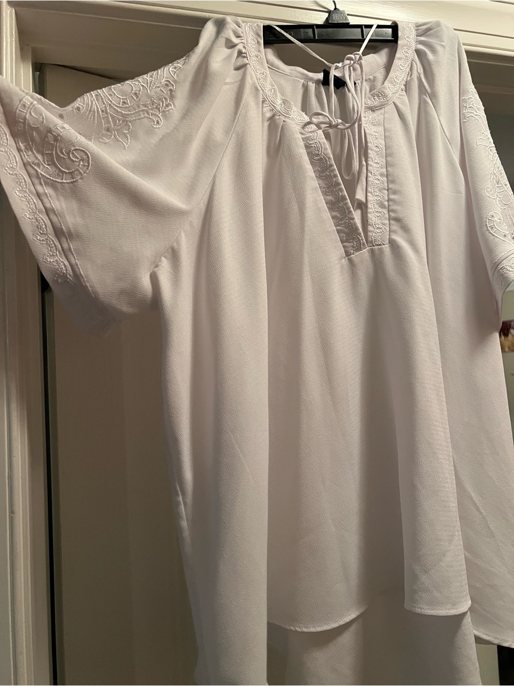 Kaari Blue White Embroidered Tie-Neck Chemise